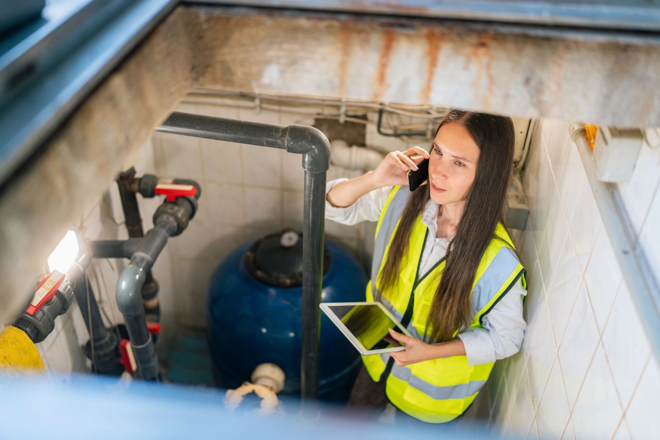 Maintenance worker inspecting equipment in a plant room
