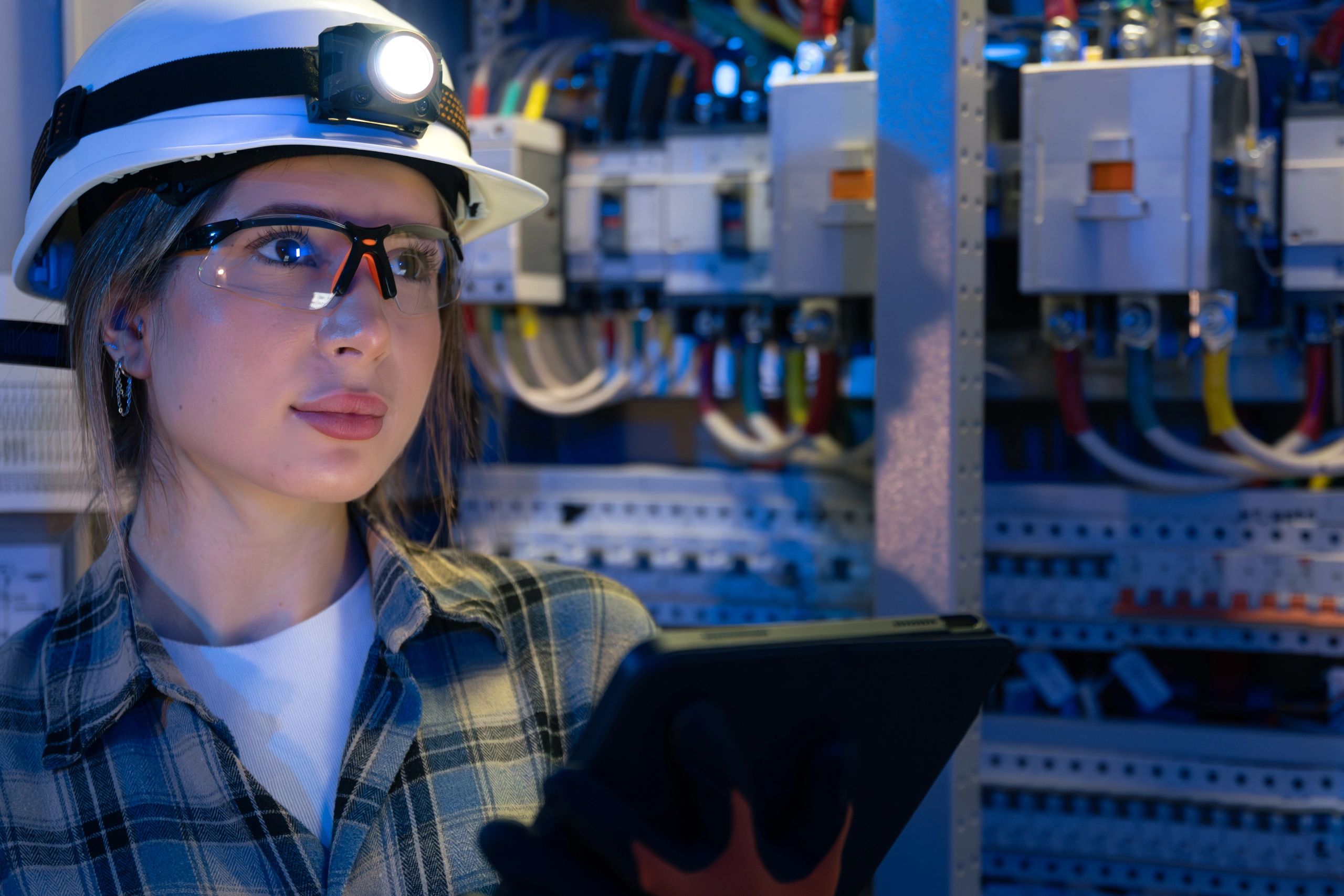 Electrician inspecting an electrical panel with a tablet